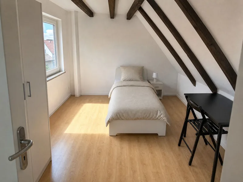 Einzelzimmer mit Bett, Schreibtisch und Fenster unter der Dachschräge