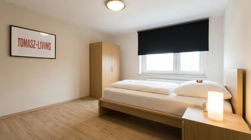 Großes Zimmer mit breitem Bett, Kleiderschrank und Fenster